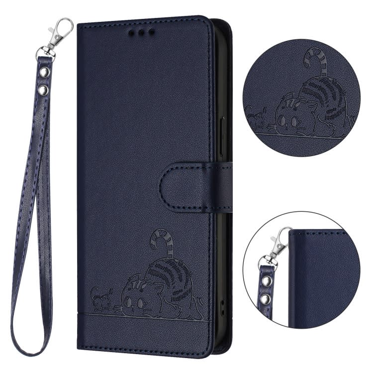 For Samsung Galax S23 5G Cat Rat Embossed Pattern RFID PU Phone Case with Wrist Strap(Blue)