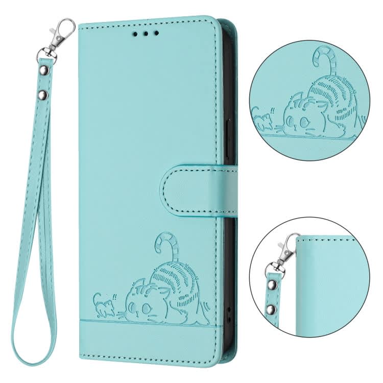 For Samsung Galax S23 FE 5G Cat Rat Embossed Pattern RFID PU Phone Case with Wrist Strap(Mint Green