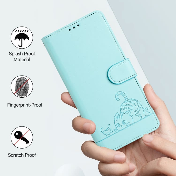 For Samsung Galax S23 FE 5G Cat Rat Embossed Pattern RFID PU Phone Case with Wrist Strap(Mint Green