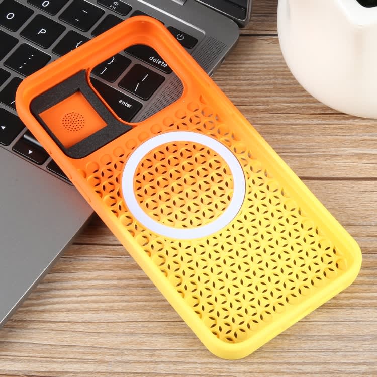 For iPhone 14 Plus Gradient Color Honeycomb Aromatherapy MagSafe Phone Case(Orange Yellow)