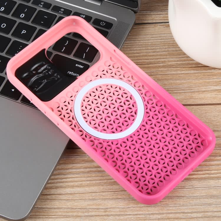For iPhone 14 Pro Gradient Color Honeycomb Aromatherapy MagSafe Phone Case(Pink+Rose Red)