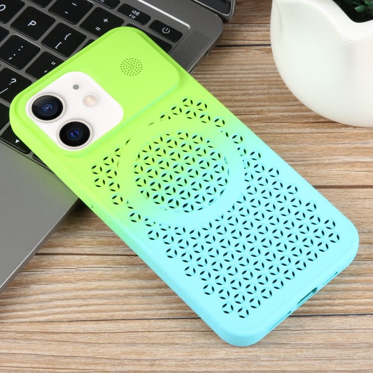 For iPhone 12 Gradient Color Honeycomb Aromatherapy MagSafe Phone Case(Green Blue)