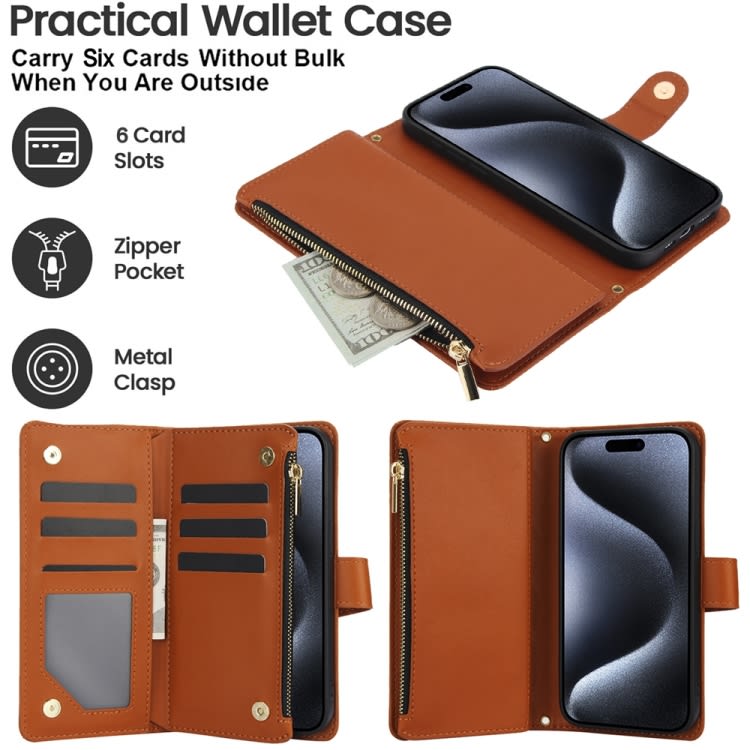 For iPhone 14 Pro Max YM016 Rhombic Zipper Card Wallet Leather Phone Case with Lanyard(Brown)
