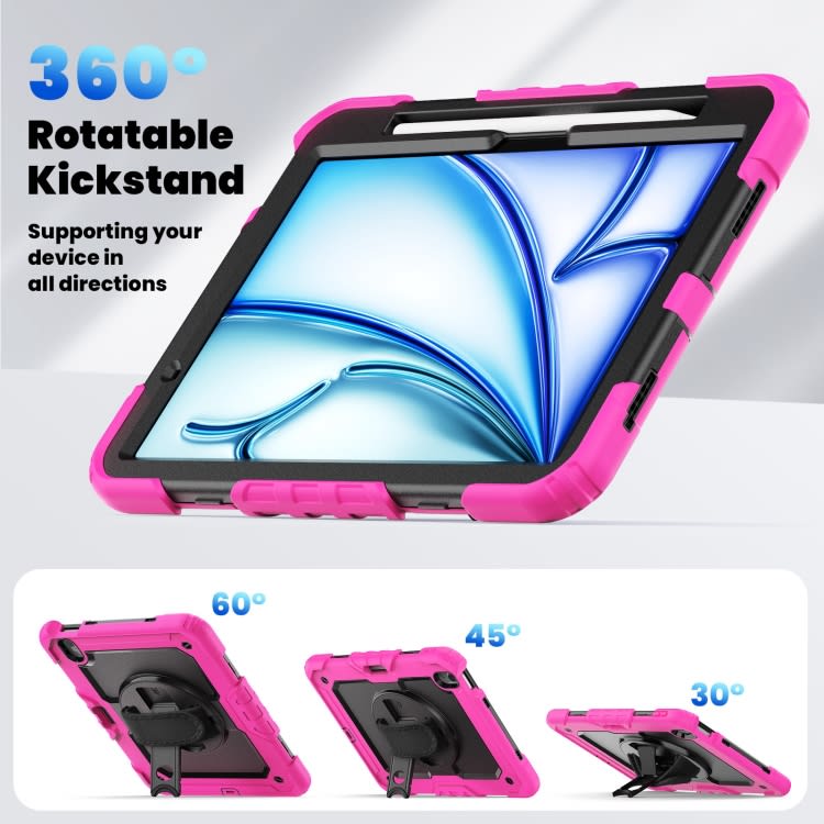 For iPad Air 11 2024 Silicone Hybrid PC Tablet Case with Shoulder Strap(Black + Rose Red)