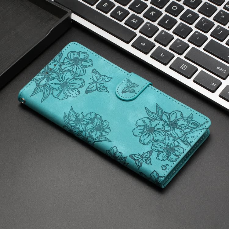 For Samsung Galaxy S10 Cherry Blossom Butterfly Skin Feel Embossed PU Phone Case(Green)