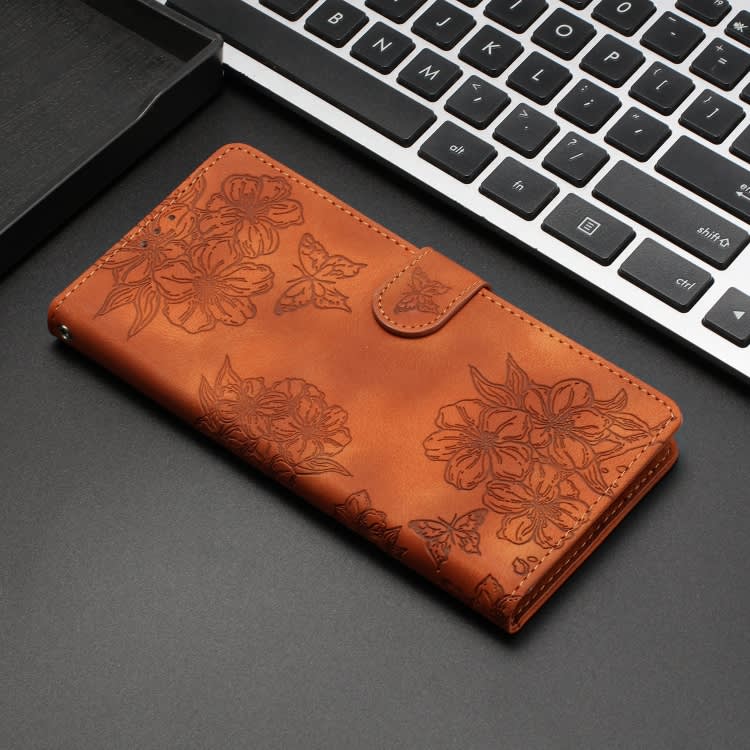 For Xiaomi Redmi Note 8T Cherry Blossom Butterfly Skin Feel Embossed PU Phone Case(Brown)