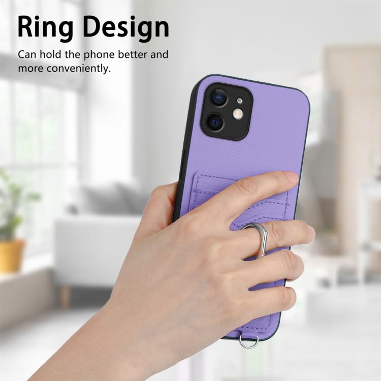 For iPhone 12 mini R20 Crossbody Rope Ring Card Holder Phone Case(Purple)
