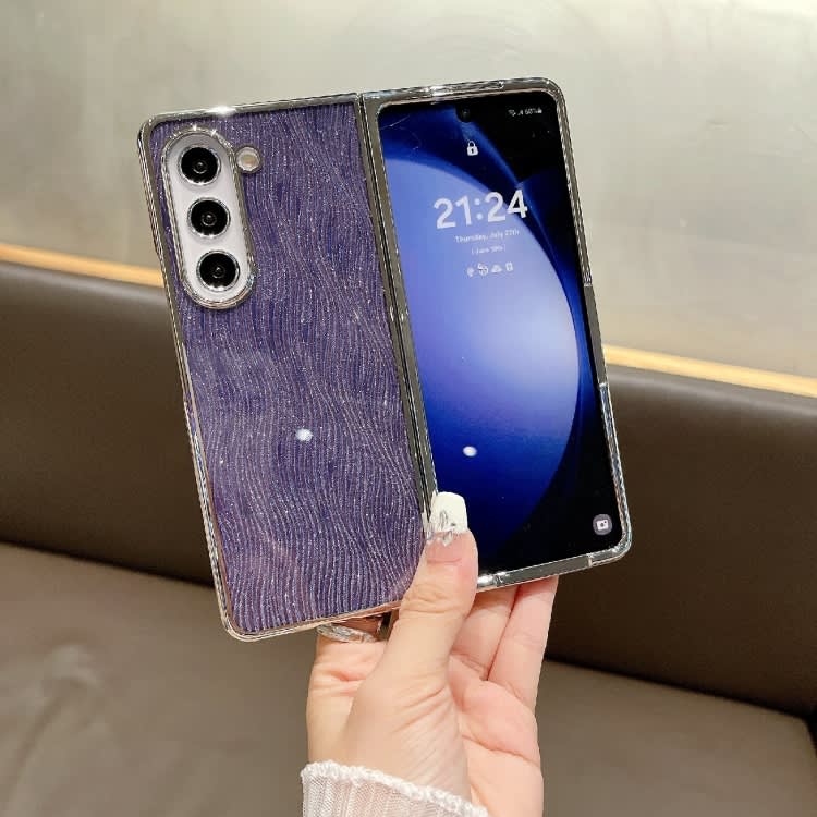 For Samsung Galaxy Z Fold5 PC Side Buckle+Ripples Glitter Paper Full Coverage Phone Case(Purple)
