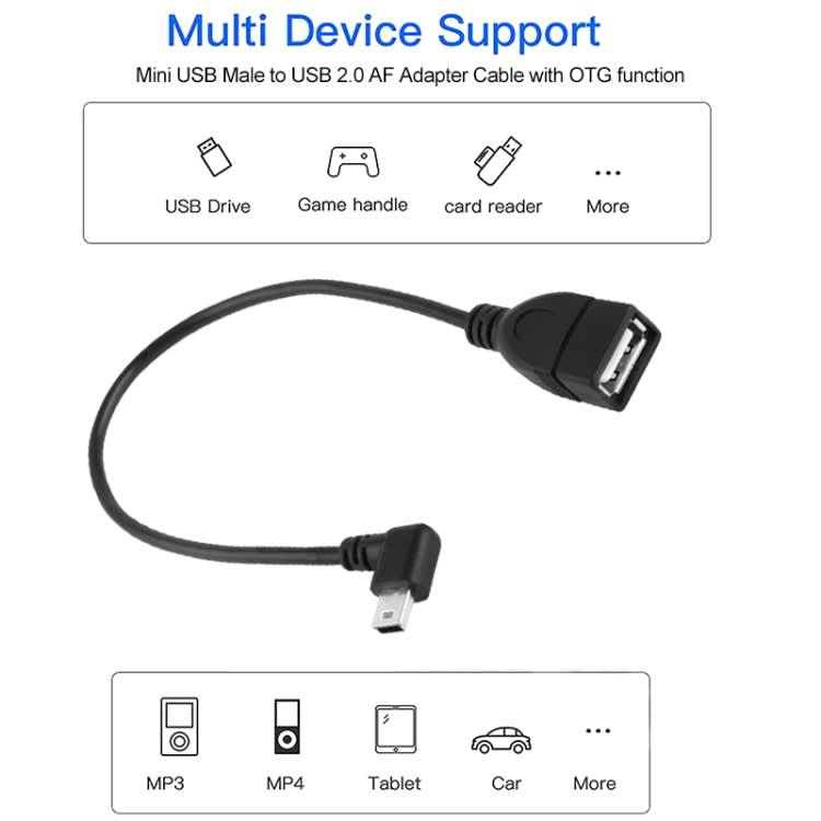 90 Degree Mini USB Male to USB 2.0 AF Adapter Cable with OTG Function, Length: 25cm