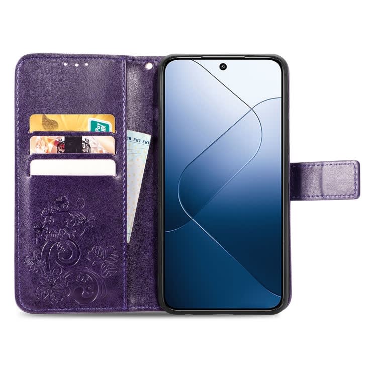 For Xiaomi 14 Pro Four-leaf Clasp Embossed Leather Phone Case(Purple)