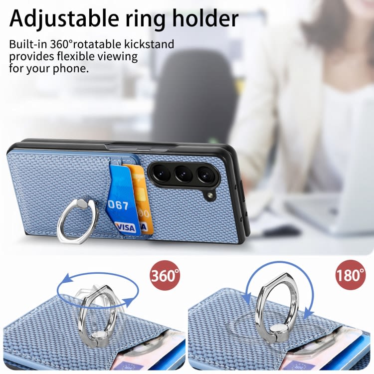 For Samsung Galaxy Z Fold6 5G Carbon Fiber Card Wallet Ring Holder Phone Case(Blue)