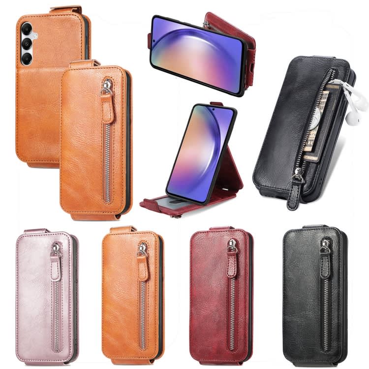 For Samsung Galaxy A55 5G Zipper Wallet Vertical Flip Leather Phone Case(Pink)