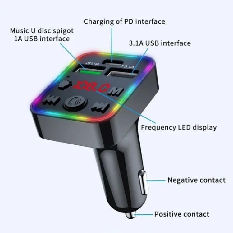 F22 Dual USB Car Charger Smart Bluetooth Calling Car Audio Device 7-Colors LED Car MP3 Player