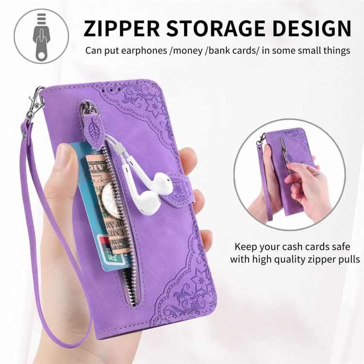For Xiaomi Poco M6 Pro 4G Embossed Flower Zipper Leather Phone Case(Purple)