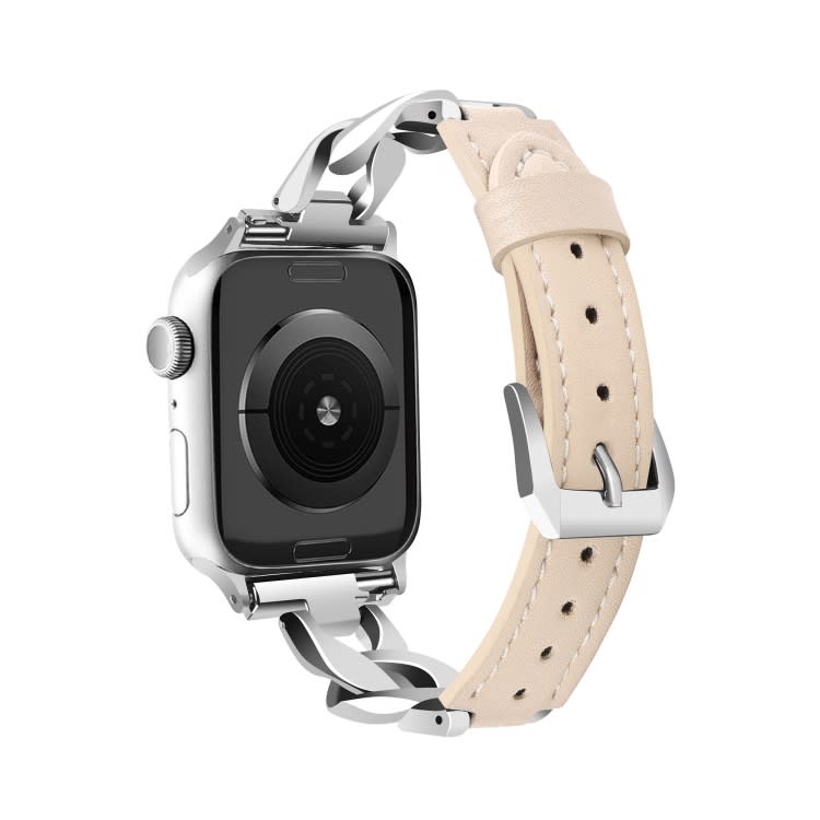 For Apple Watch SE 2023 44mm Rhinestone Denim Chain Leather Watch Band(Apricot)