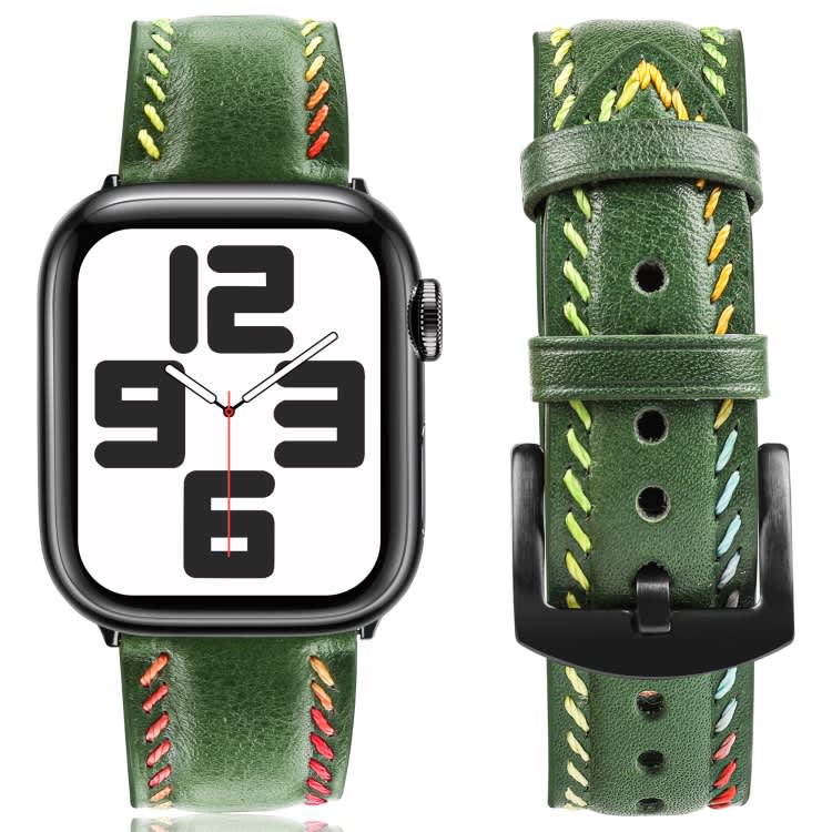 For Apple Watch Series 9 41mm Colorful Sewing Thread Leather Watch Band(Green)