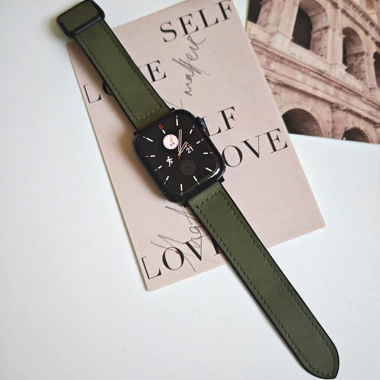 For Apple Watch Series 9 45mm Fold Magnetic Square Buckle PU Silicone Watch Band(Dark Green)