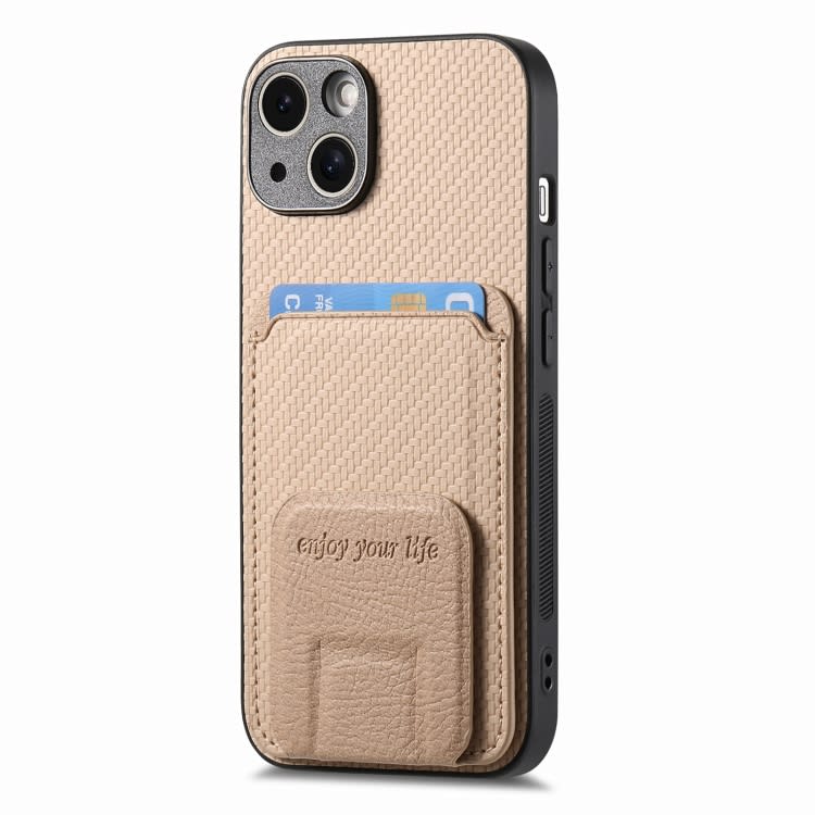 For iPhone 14 Carbon Fiber Card Bag Fold Stand Phone Case(Khaki)