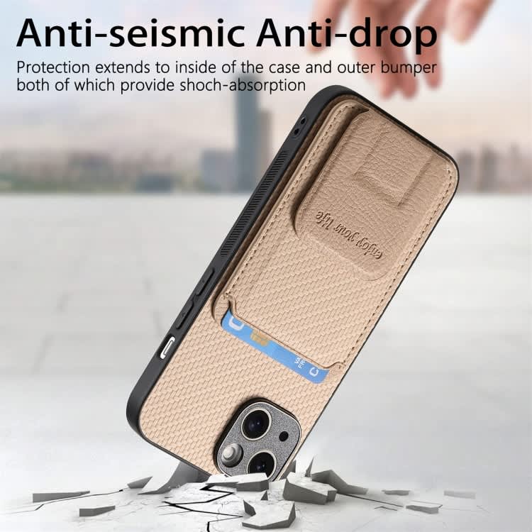 For iPhone 14 Carbon Fiber Card Bag Fold Stand Phone Case(Khaki)