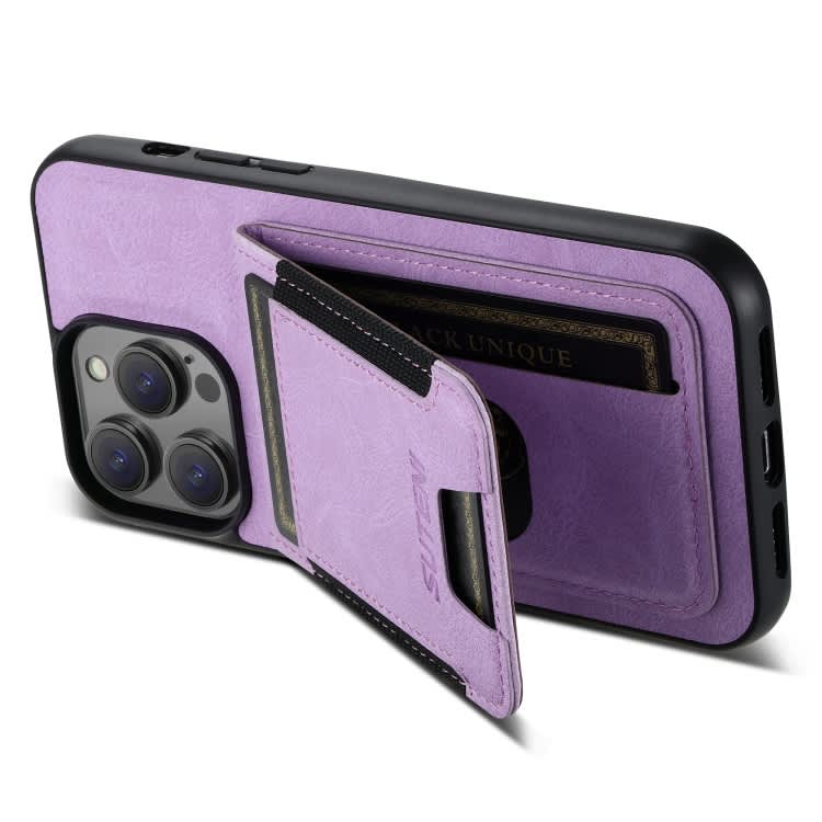 For iPhone 11 Suteni H03 Litchi Leather Card Bag Stand Back Phone Case(Purple)