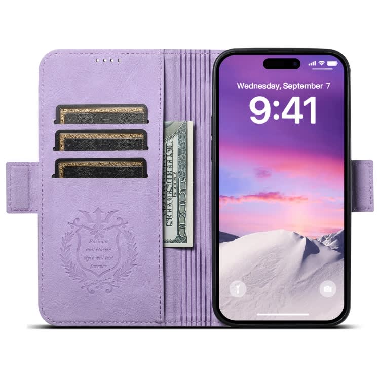 For iPhone 15 SUTENI J07 Multifunctional Horizontal Flip Magsafe Leather Phone Case(Purple)
