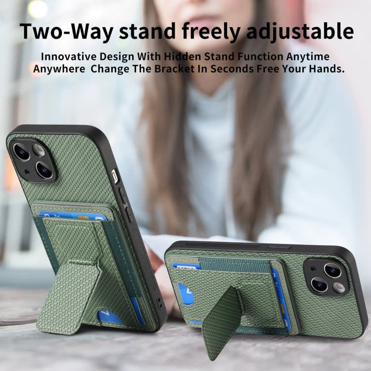 For iPhone 15 Pro Max Carbon Fiber Fold Stand Elastic Card Bag Phone Case(Green)