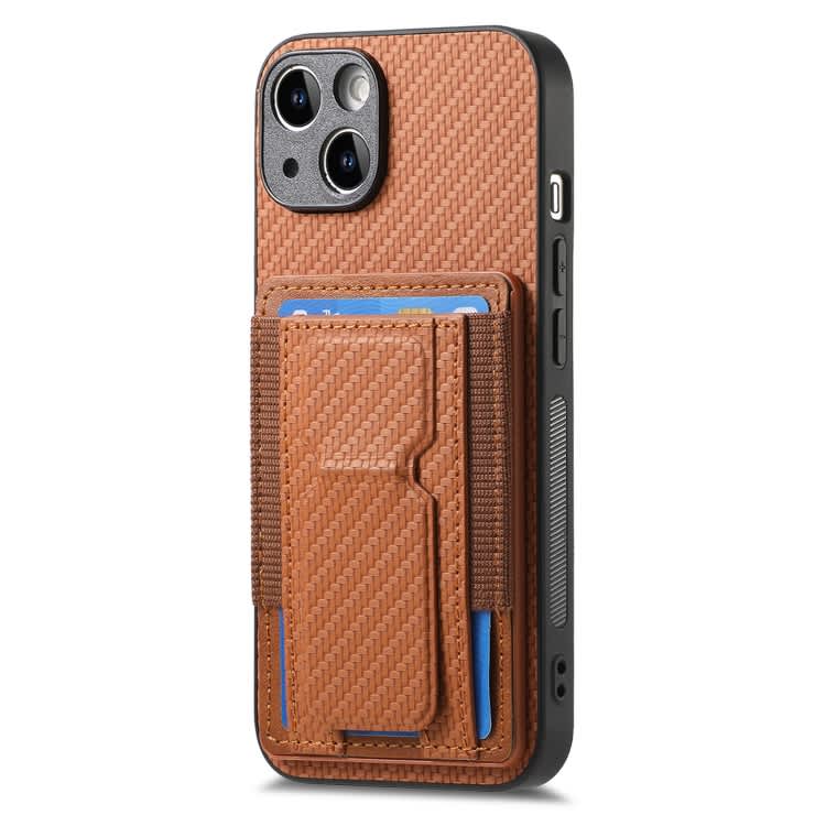 For iPhone 14 Pro Max Carbon Fiber Fold Stand Elastic Card Bag Phone Case(Brown)
