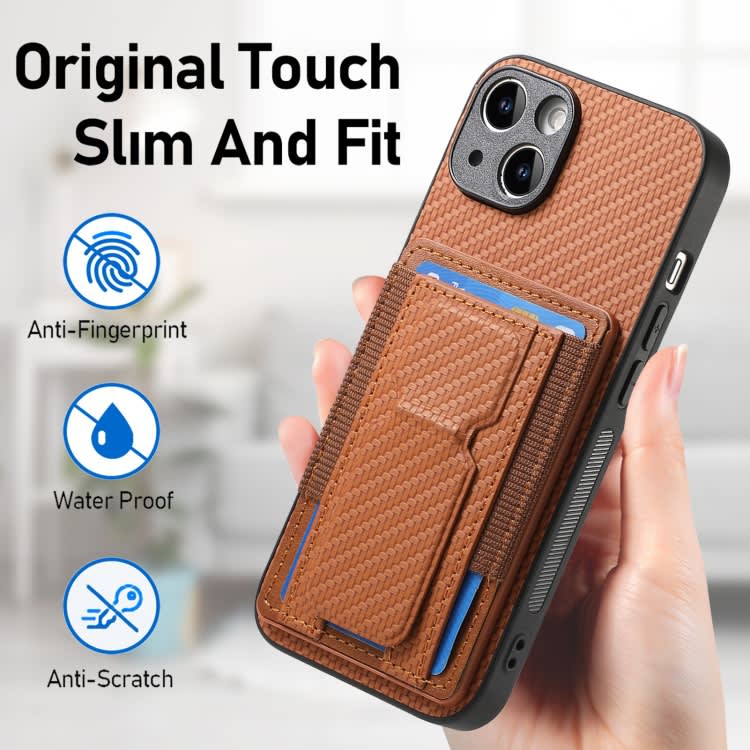 For iPhone 14 Pro Max Carbon Fiber Fold Stand Elastic Card Bag Phone Case(Brown)