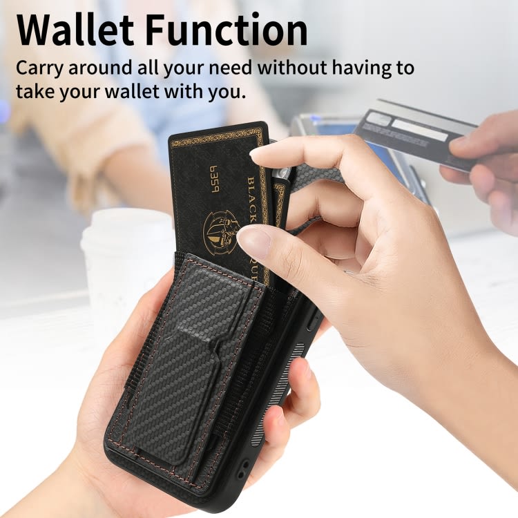 For iPhone 13 Pro Max Carbon Fiber Fold Stand Elastic Card Bag Phone Case(Black)