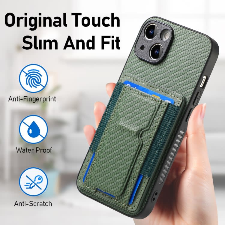 For iPhone 12 Pro Max Carbon Fiber Fold Stand Elastic Card Bag Phone Case(Green)