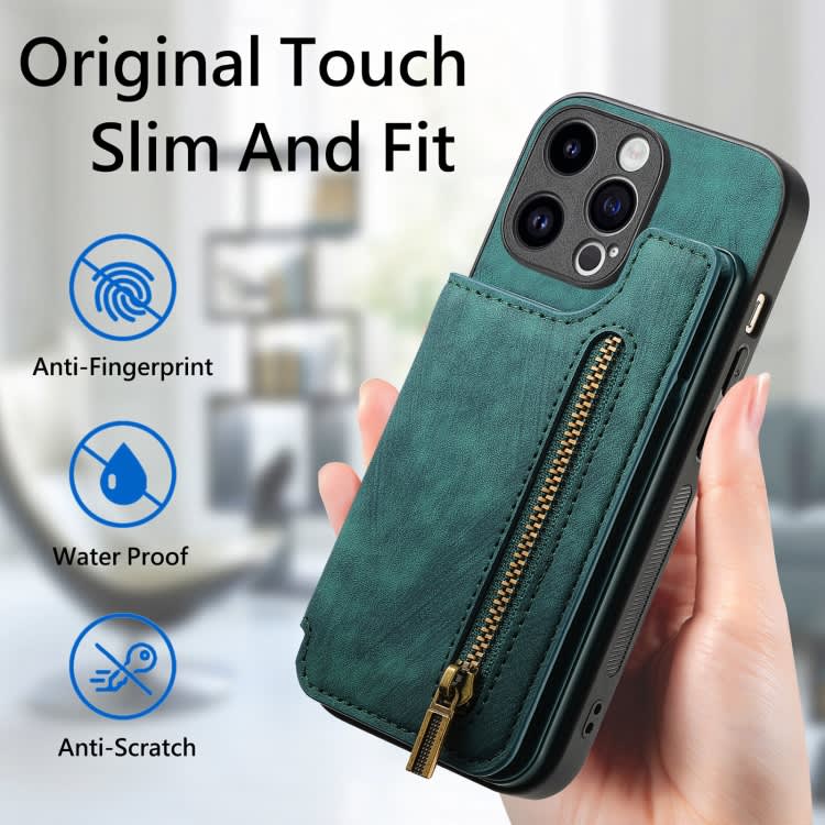 For iPhone 15 Pro Max Retro Leather Zipper Wallet Back Phone Case(Green)