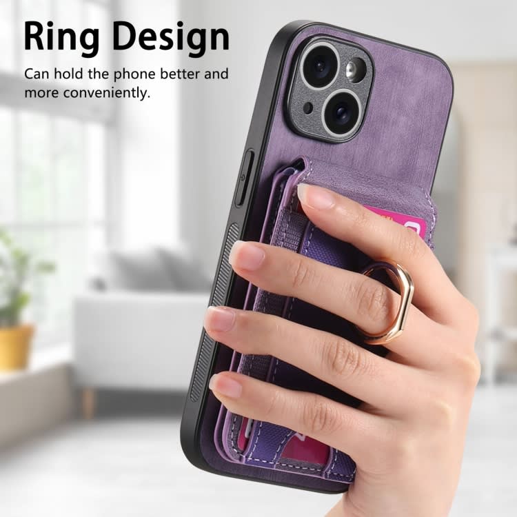 For iPhone 15 Plus Retro Splitable Magnetic Stand Card Bag Leather Phone Case(Purple)