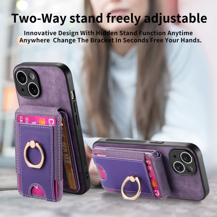 For iPhone 15 Plus Retro Splitable Magnetic Stand Card Bag Leather Phone Case(Purple)