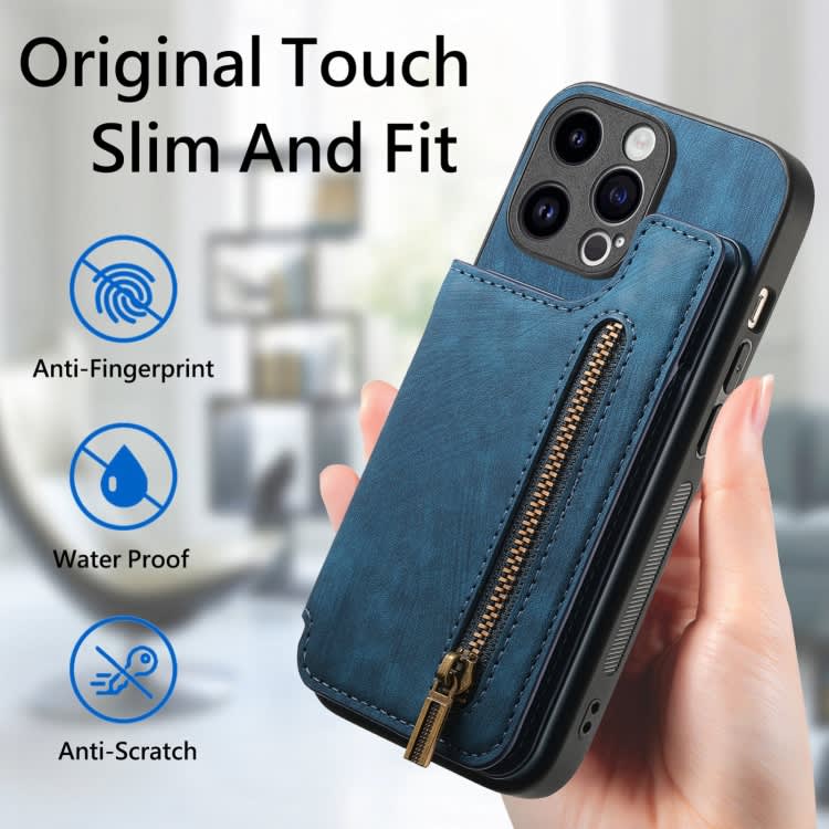 For iPhone 11 Pro Retro Leather Zipper Wallet Back Phone Case(Blue)