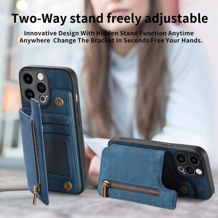 For iPhone 11 Pro Retro Leather Zipper Wallet Back Phone Case(Blue)