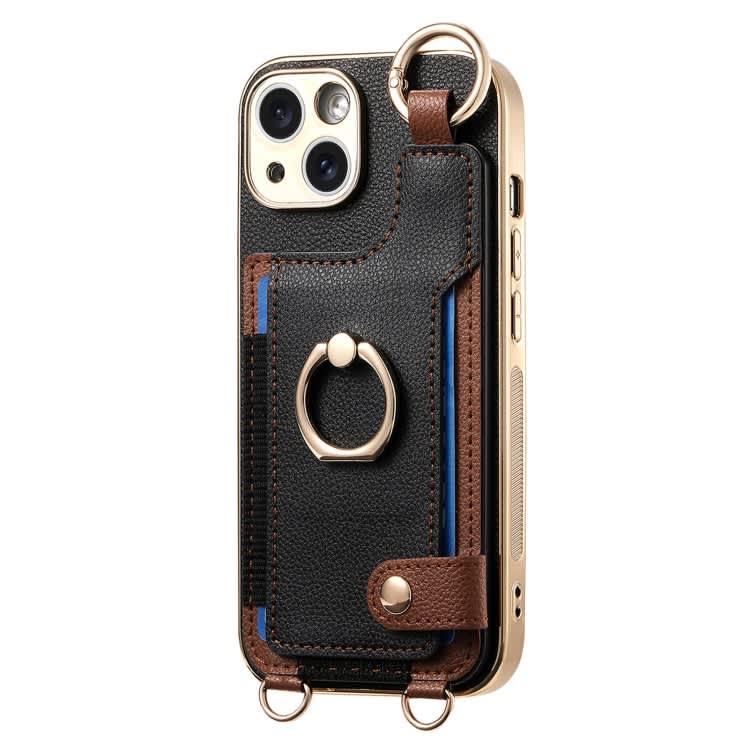 For iPhone 15 Pro Fashion Ring Card Bag Phone Case with Hang Loop(Black)