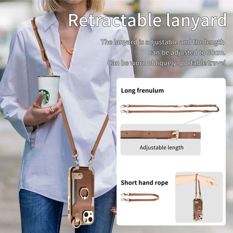 For iPhone 15 Pro Fashion Ring Card Bag Phone Case with Hang Loop(Brown)
