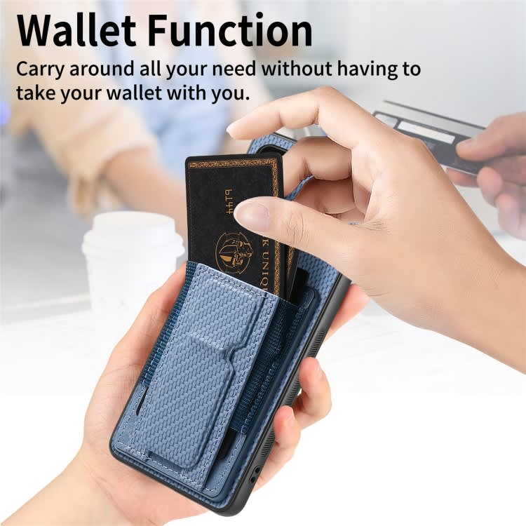 For Samsung Galaxy S20 Carbon Fiber Fold Stand Elastic Card Bag Phone Case(Blue)