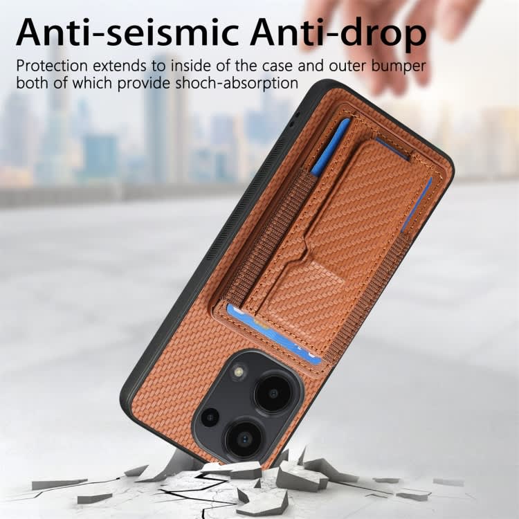 For Xiaomi Redmi Note 13 Pro 5G Carbon Fiber Fold Stand Elastic Card Bag Phone Case(Brown)