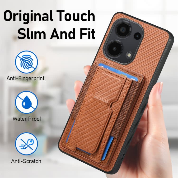 For Xiaomi Redmi Note 13 Pro 5G Carbon Fiber Fold Stand Elastic Card Bag Phone Case(Brown)