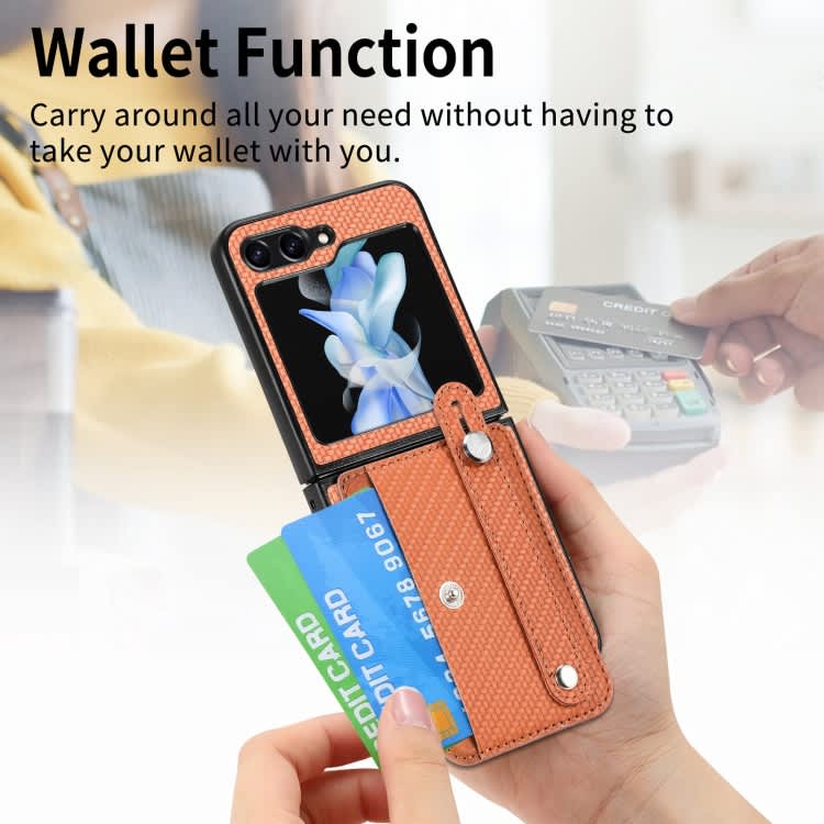 For Samsung Galaxy Z Flip6 5G Carbon Fiber Wristband Wallet Back Phone Case(Brown)