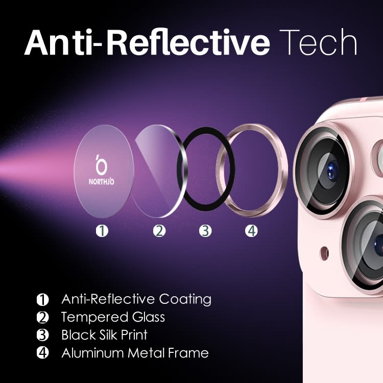 For iPhone 15 / 15 Plus / 14 / 14 Plus NORTHJO 3 Set 6pcs Camera Lens Protector Cover Metal Ring Fi