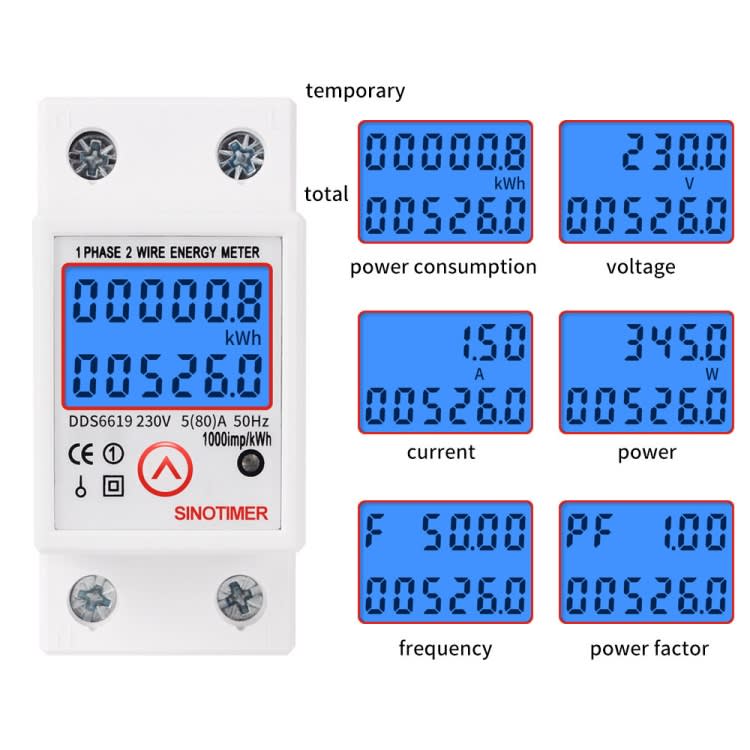 SINOTIMER DDS6619-526L-2 Can Reset Zero Backlight Display Single-phase Rail Electric Energy Meter