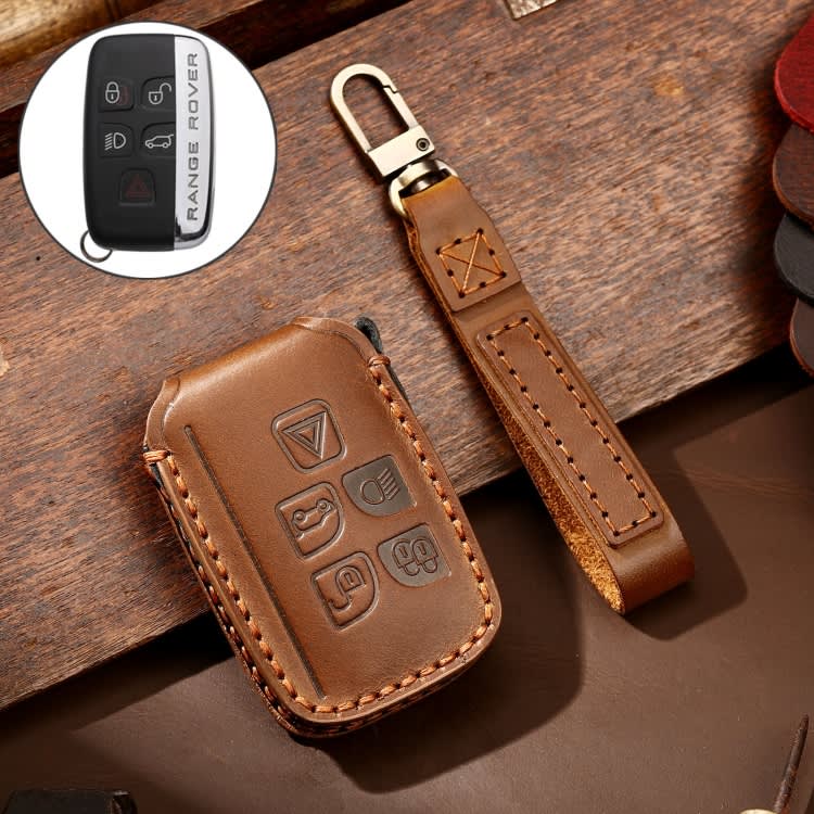 Hallmo Car Cowhide Leather Key Protective Cover Key Case for Land Rover Discovery 5 A Style(Brown)