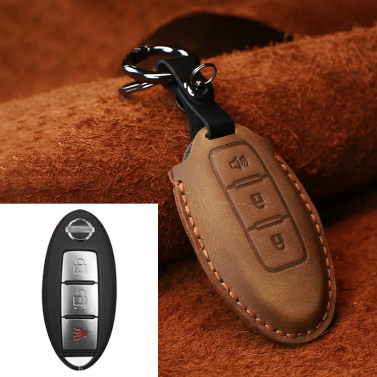 For Nissan Car Cowhide Leather Key Protective Cover Key Case, Three Keys Horn Version (Brown)