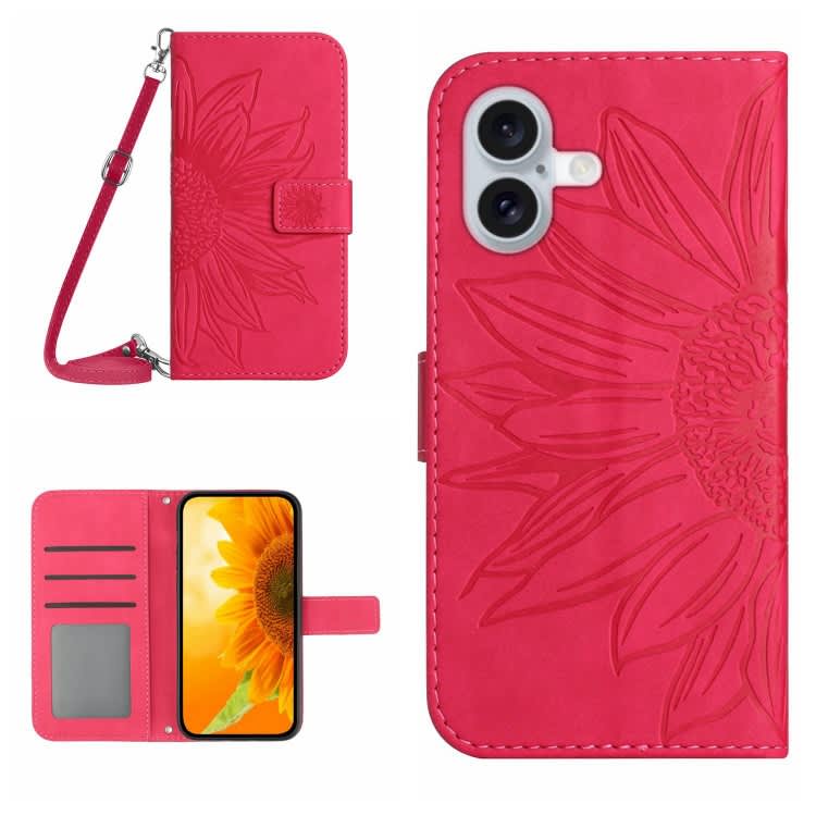 For iPhone 16 Plus Skin Feel Sun Flower Embossed Flip Leather Phone Case with Lanyard(Rose Red)