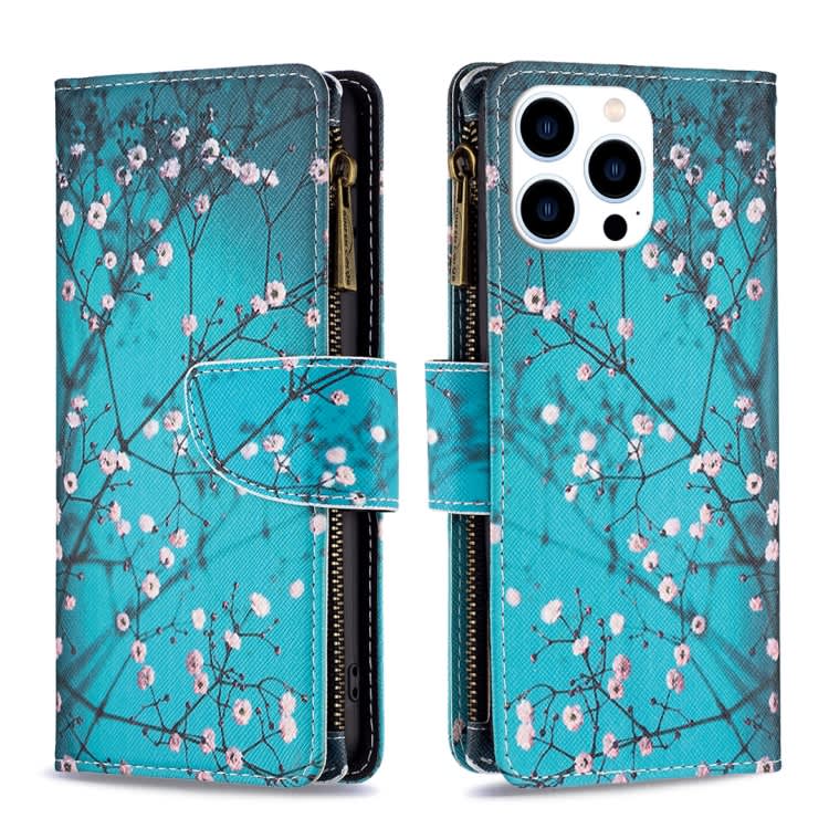 For iPhone 16 Pro Max Colored Drawing Pattern Zipper Phone Leather Case(Plum Blossom)