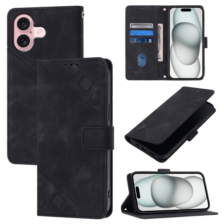 For iPhone 16 Skin-feel Embossed Leather Phone Case(Black)