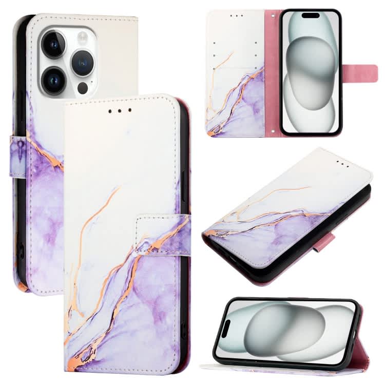 For iPhone 16 Pro PT003 Marble Pattern Flip Leather Phone Case(White Purple LS006)