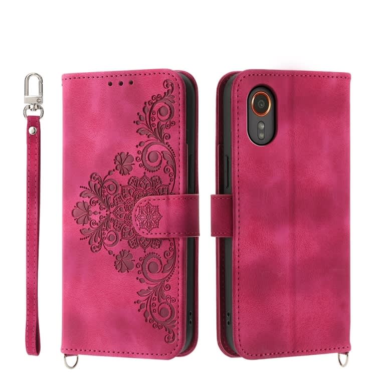 For Samsung Galaxy Xcover 7 Skin-feel Flowers Embossed Wallet Leather Phone Case(Wine Red)